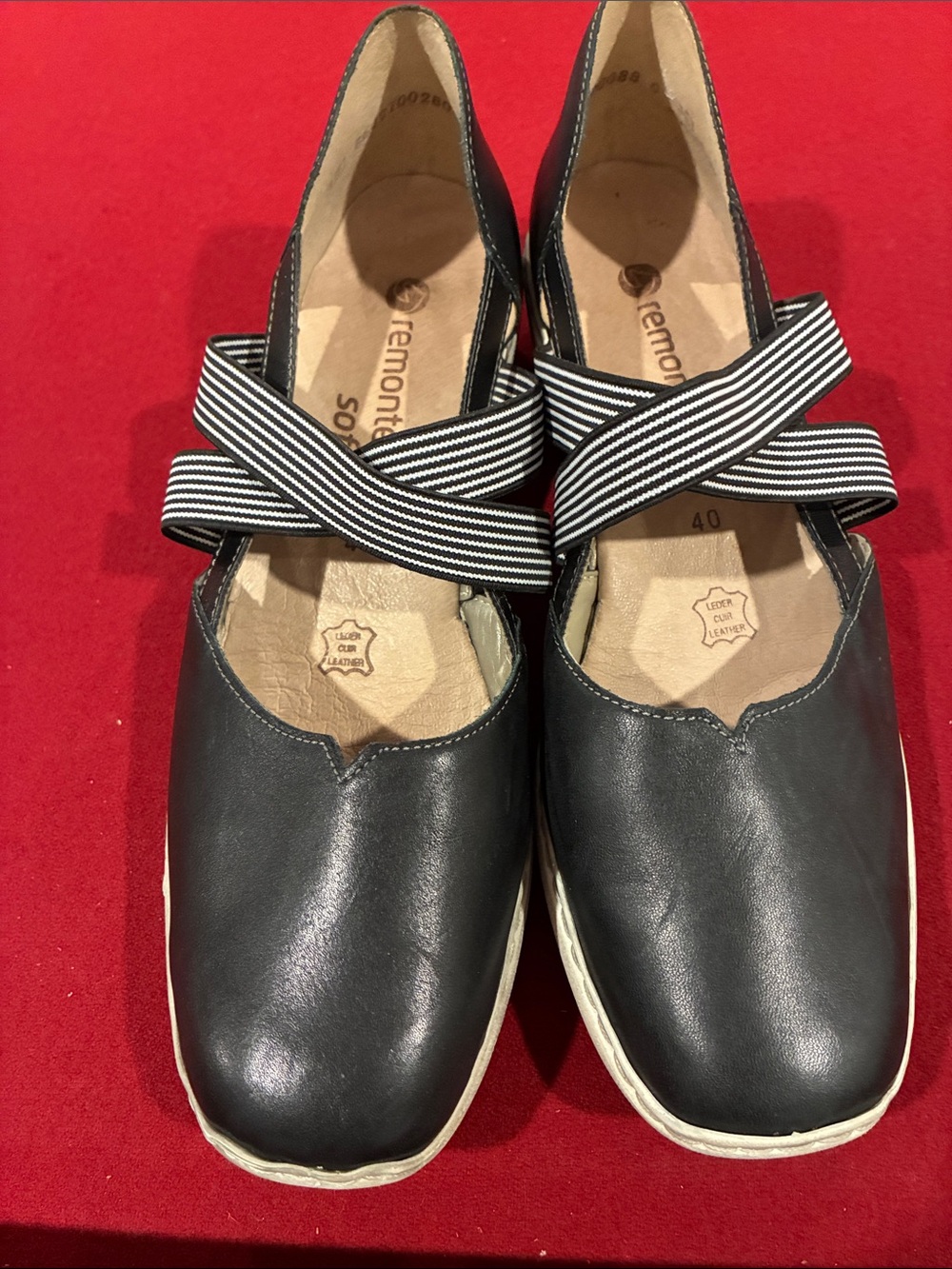 Remonte Black Leather Slip-On Flats with Striped Cross Elastic Straps